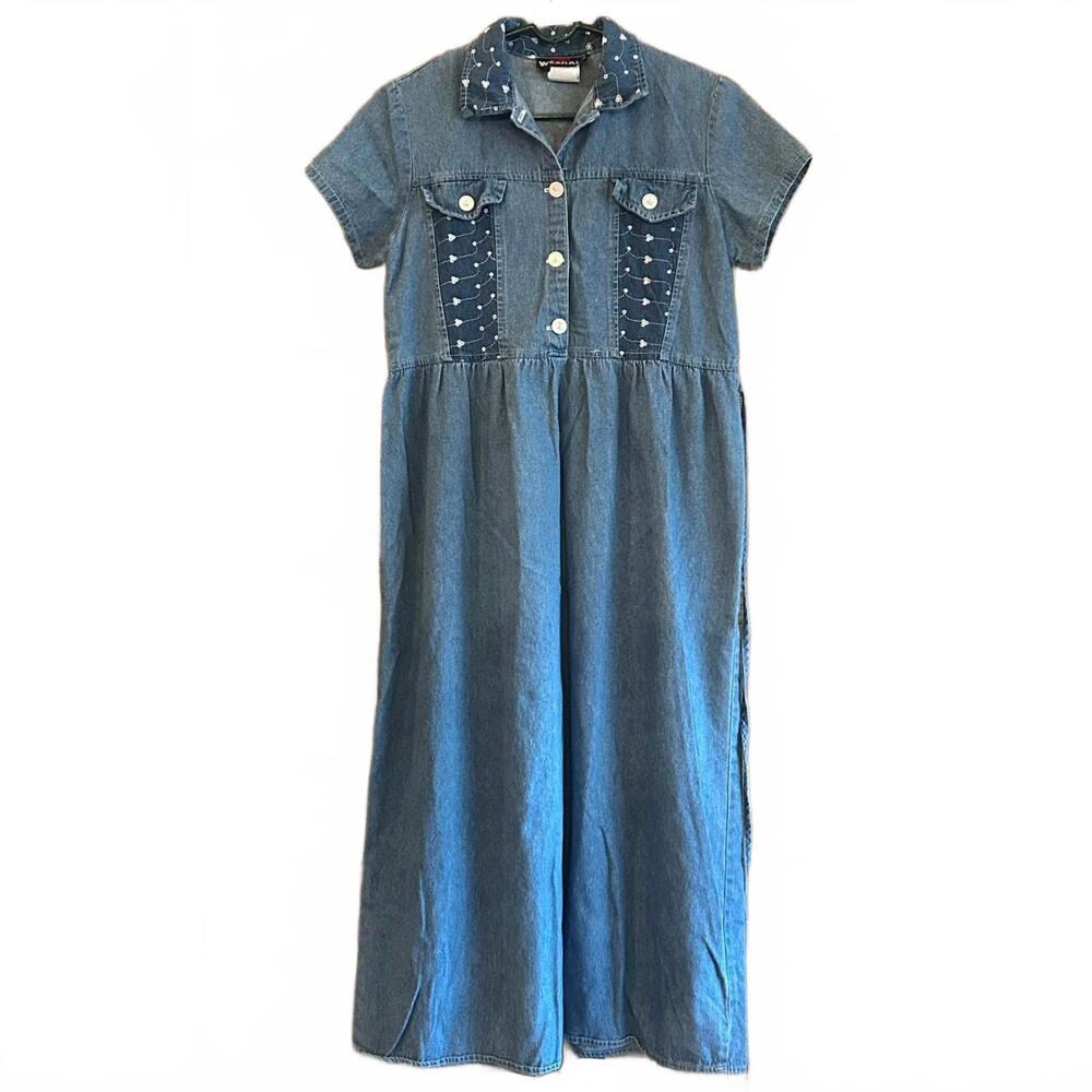 Vintage Forever WearAll Women's Denim Maxi Dress Blue Short Sleeve Size M